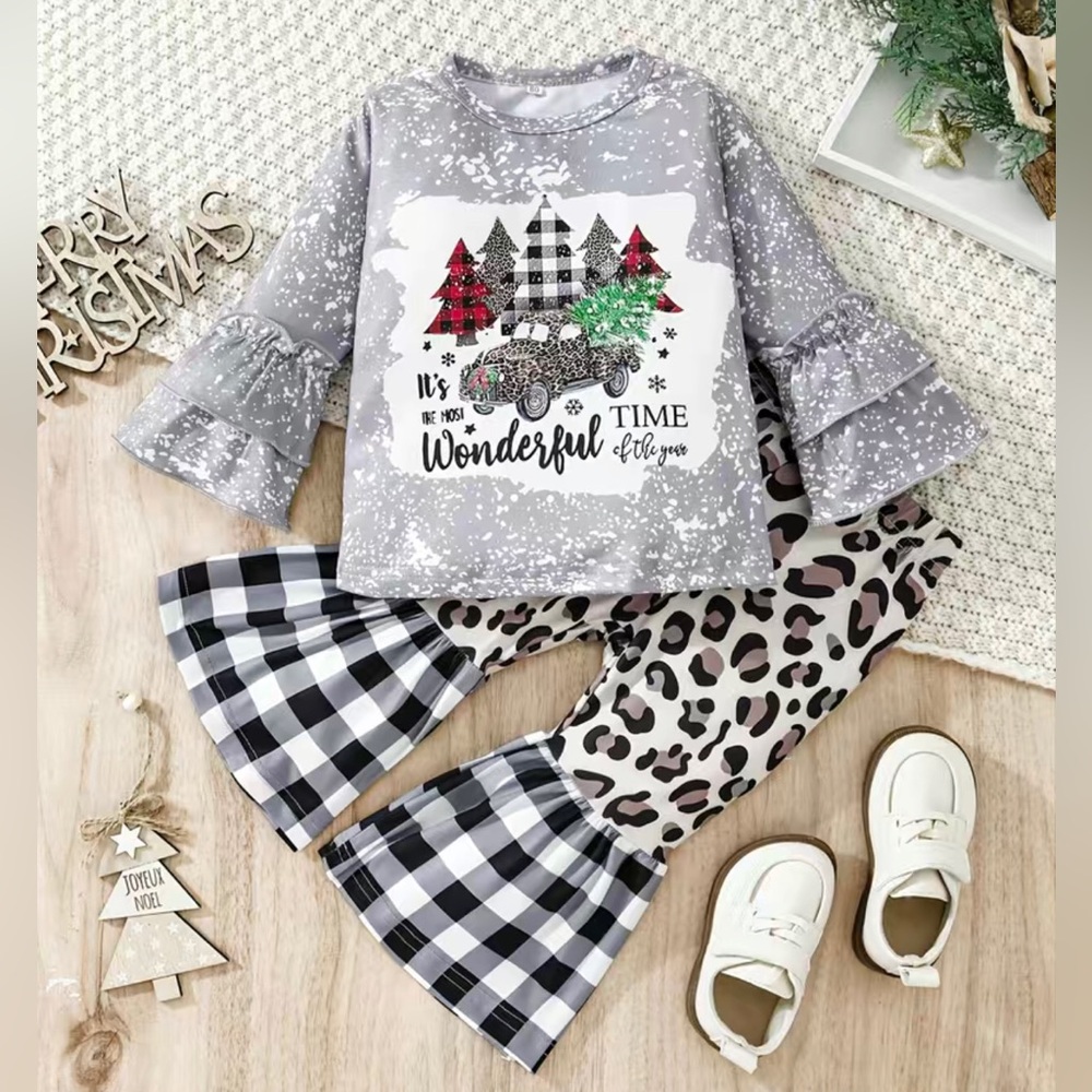 Girls Boutique Country HOLIDAY CHRISTMAS Graphic Top & Bell Bottom Pants Set